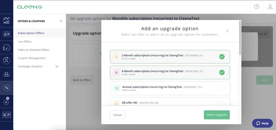 SUDO Dashboard screenshot showing the offer downgrade and upgrade feature for subscriptions