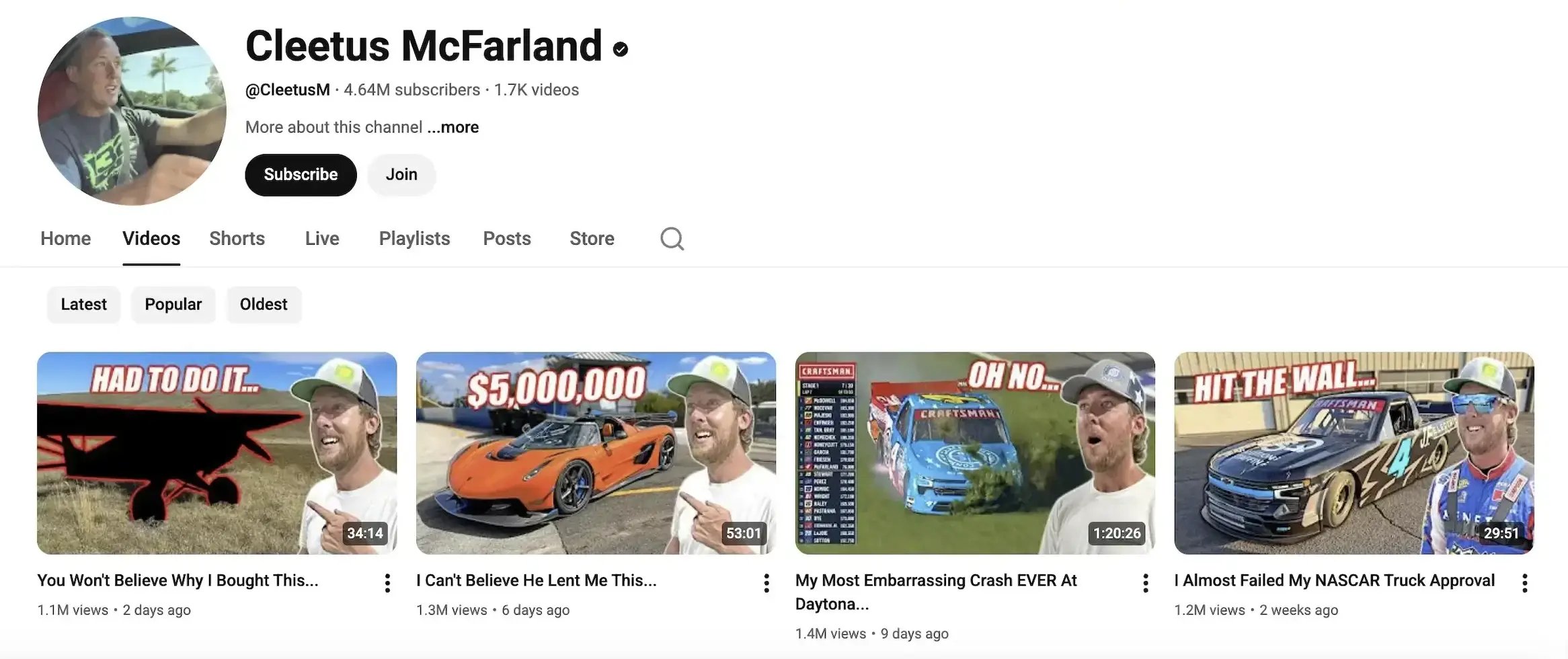 Screenshot of the Cleetus McFarland YouTube channel (1)