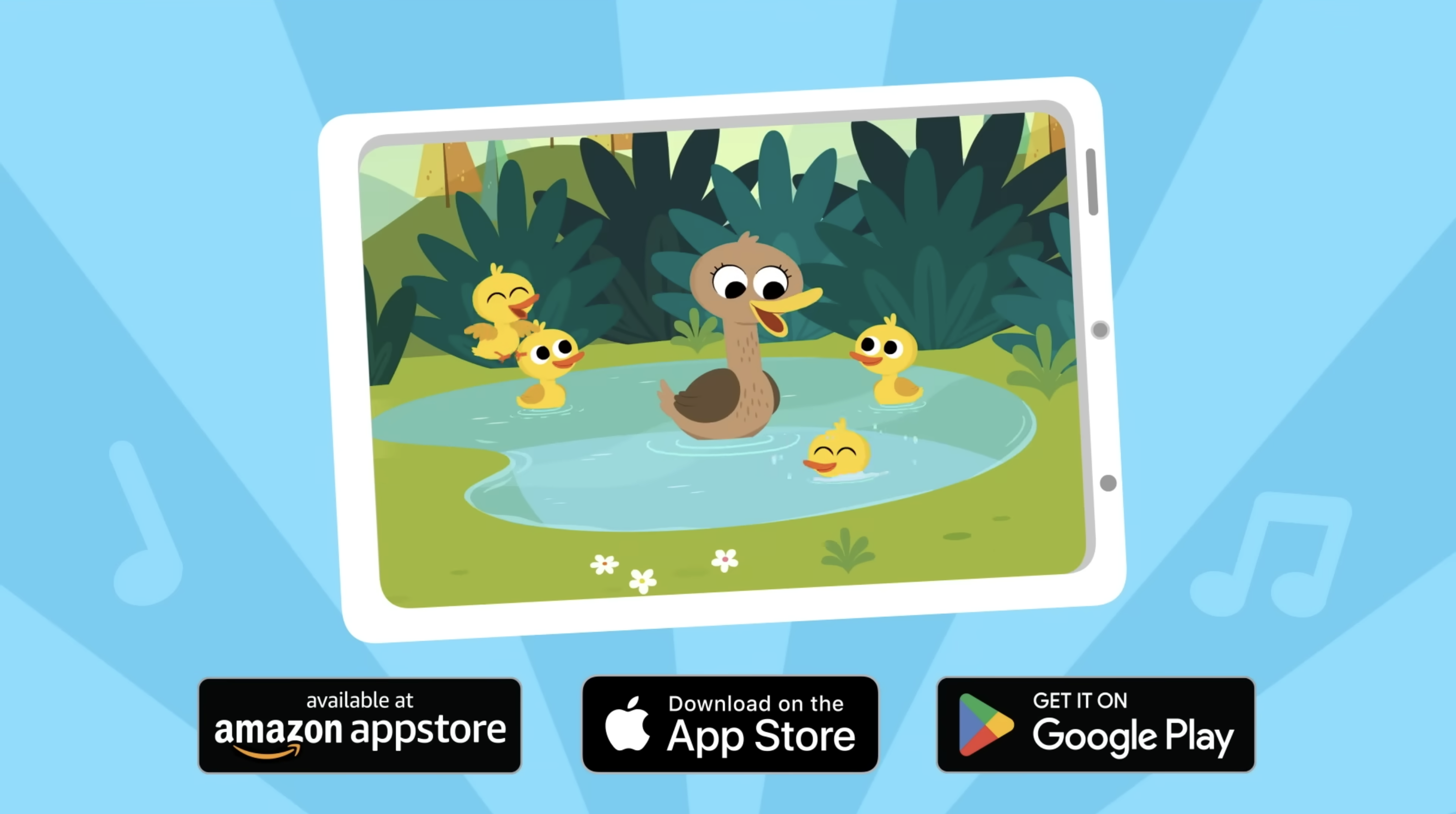 Skyship Entertainment - Super Simple Songs Video screen promoting the app on Amazon Appstore, Apple App Store and Google Play