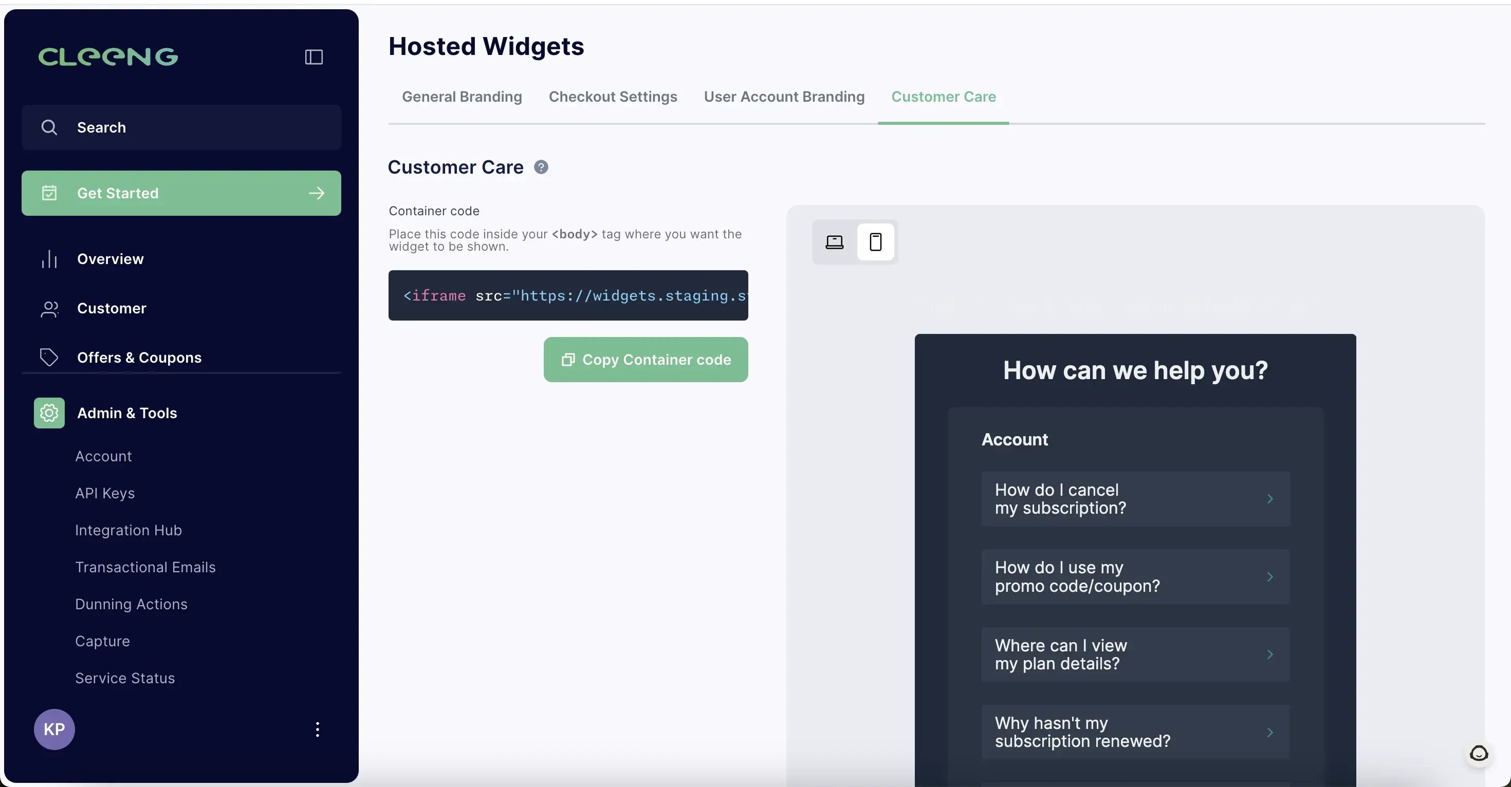 cleeng pro customer care hosted widget