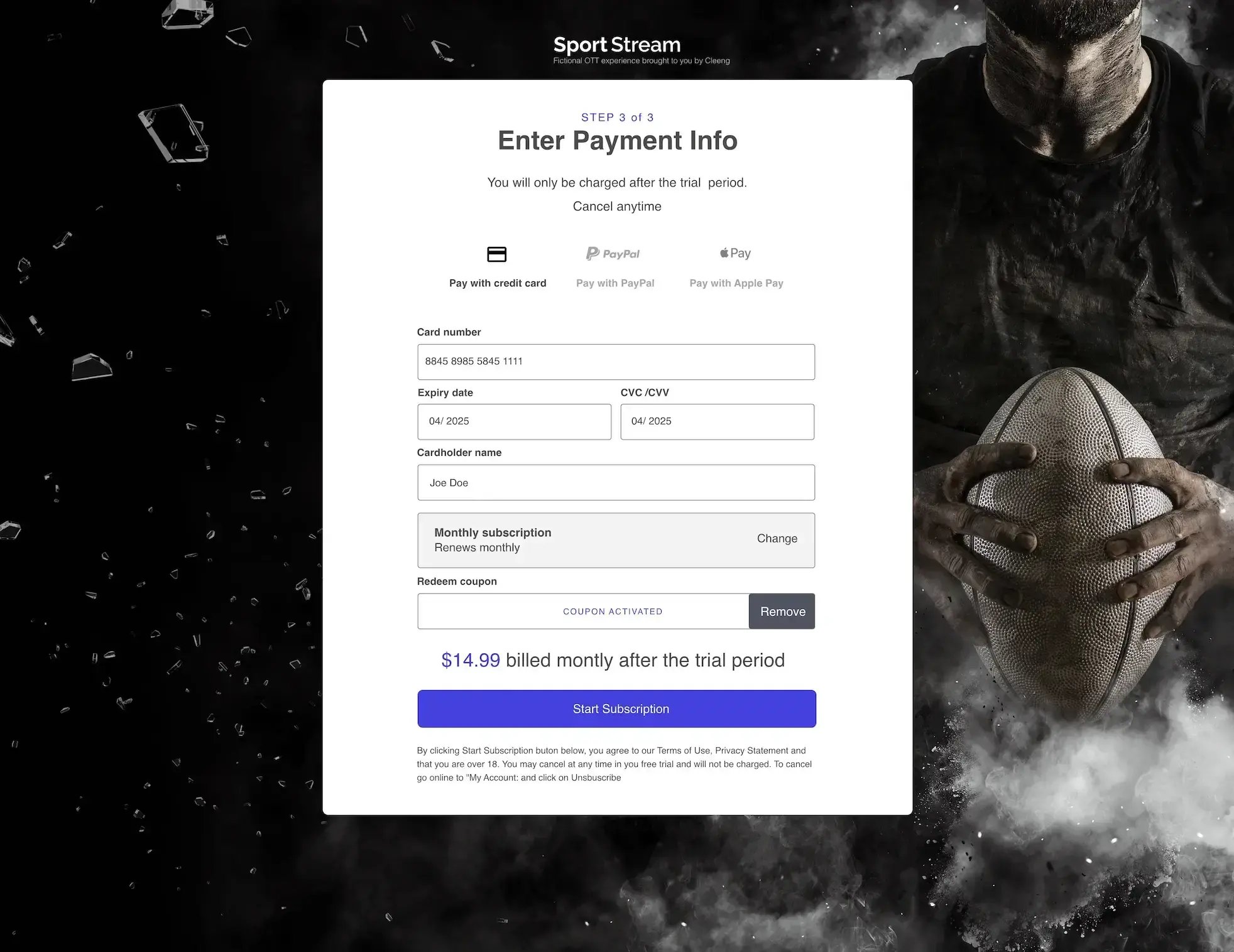 enter payment info screen subscription sign up cleeng