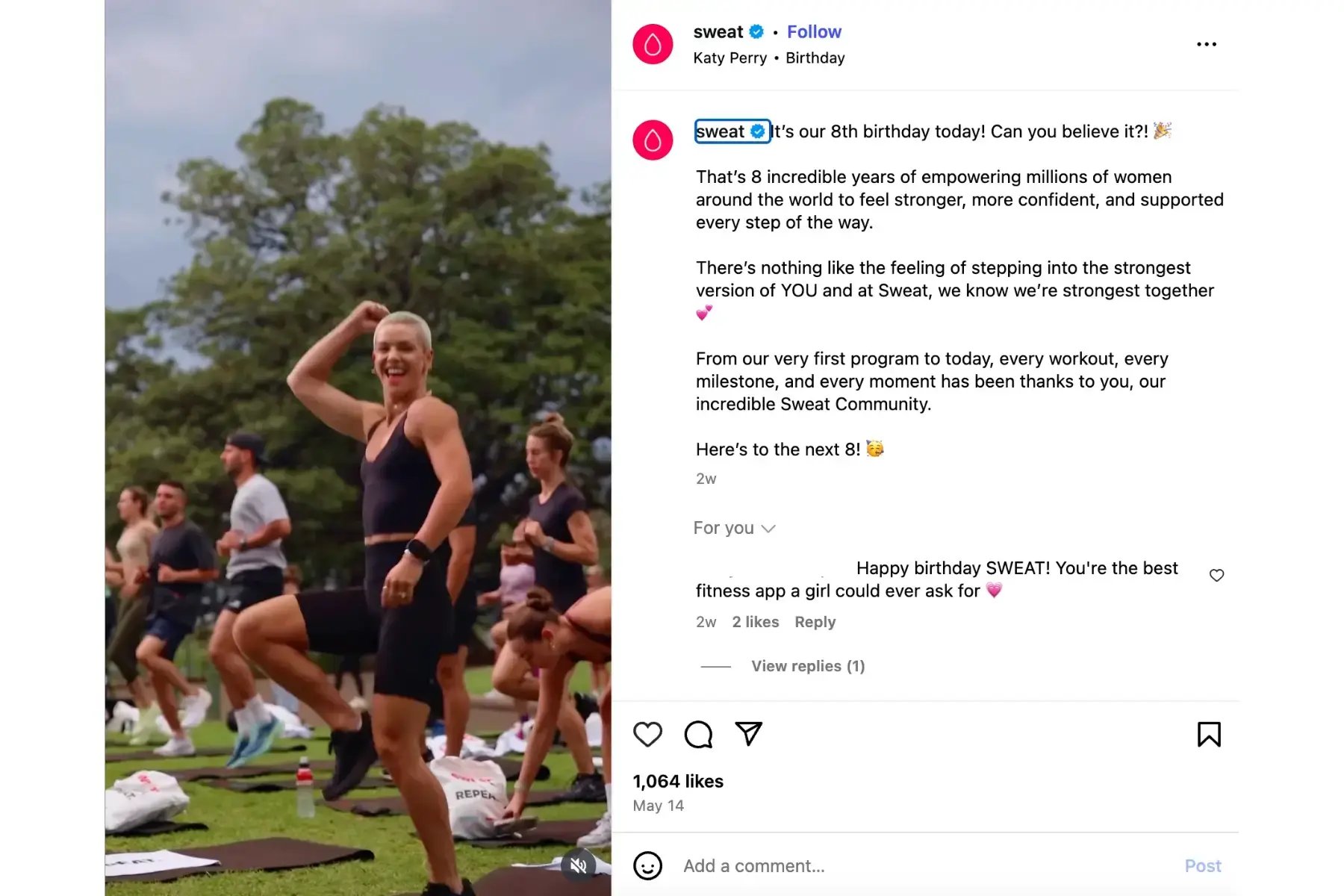 instagram example from sweat fitness app