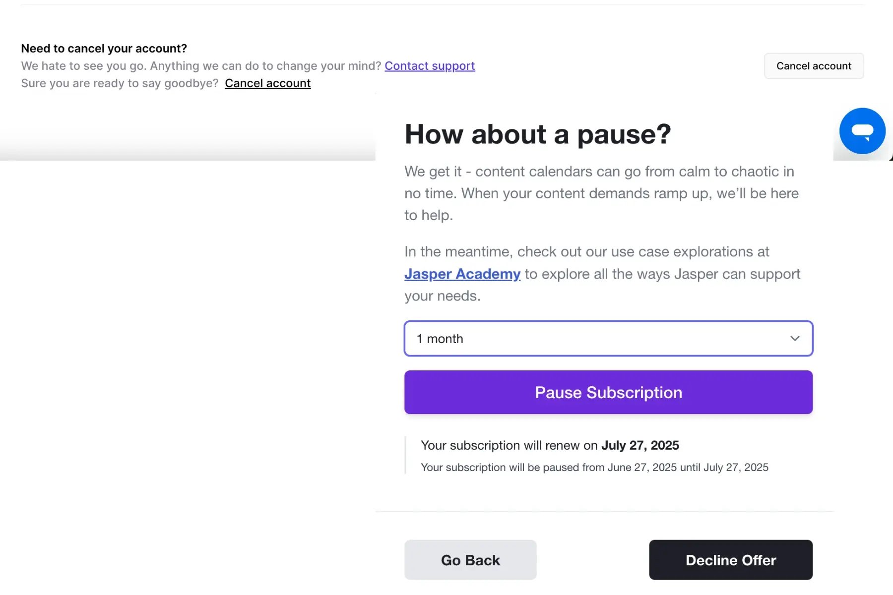 jasper ai pause offer in cancellation flow