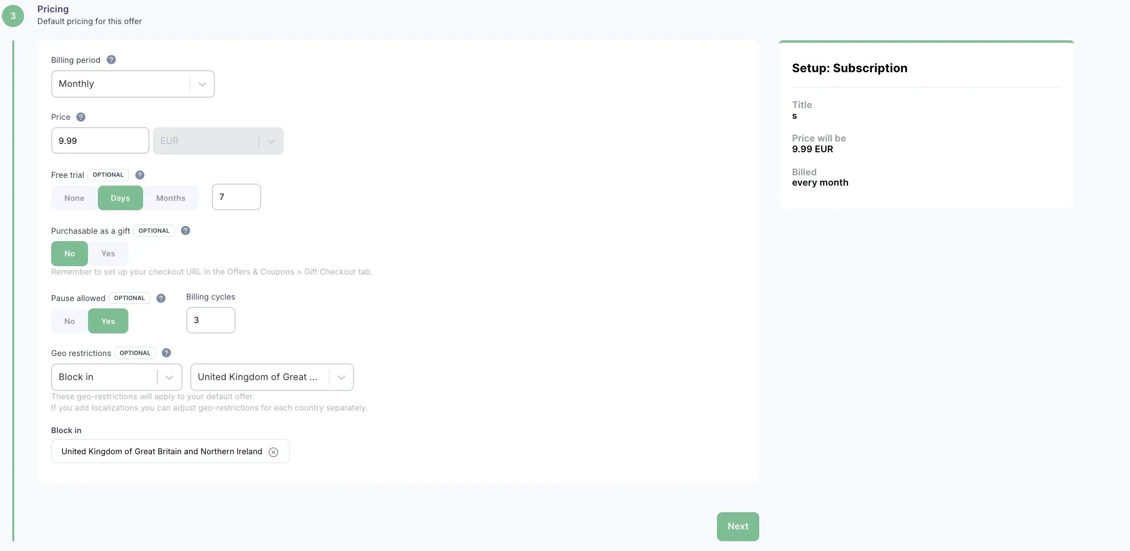 screenshot cleeng pricing offer setup subscription