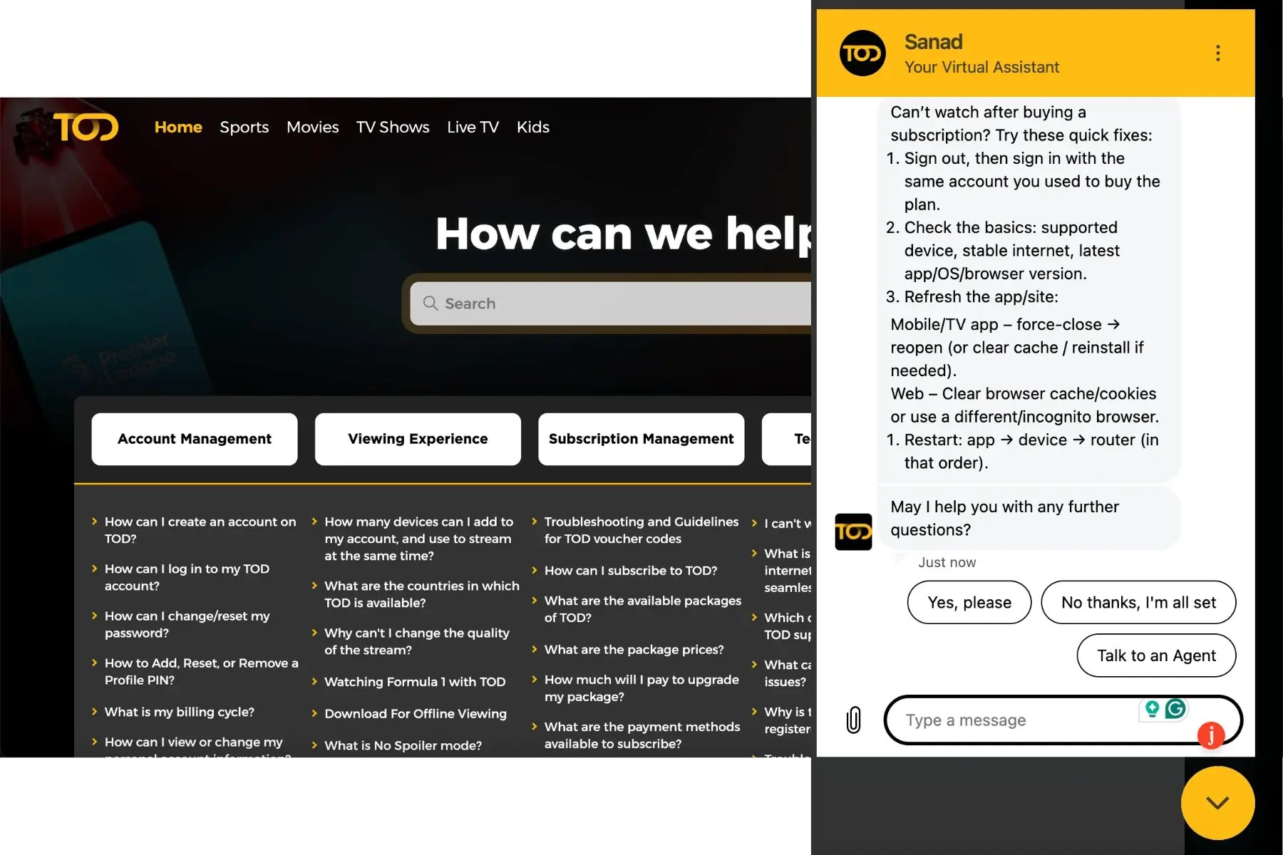 tod help center and chatbot